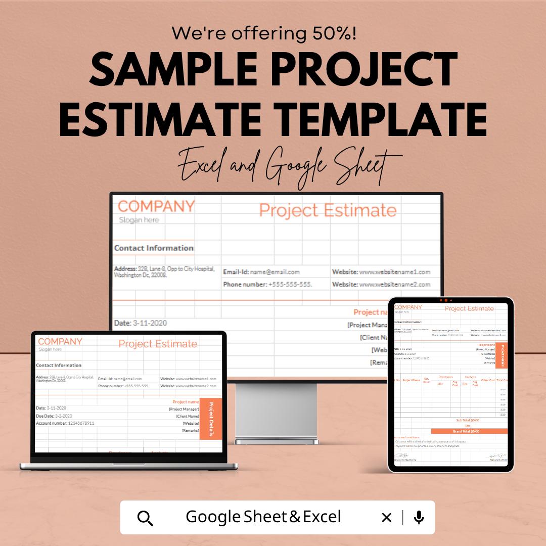 Sample Project Estimate Template | Project Cost Estimator Spreadsheet | Budget Planning Tracker | Excel & Google Sheets | Professional