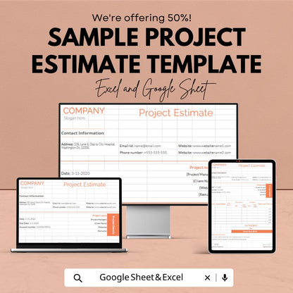 Sample Project Estimate Template | Project Cost Estimator Spreadsheet | Budget Planning Tracker | Excel & Google Sheets | Professional