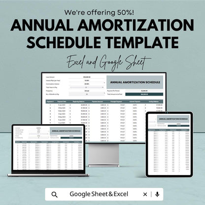 Annual Amortization Schedule Template | Loan Payment Planner Spreadsheet | Yearly Loan Calculator Template