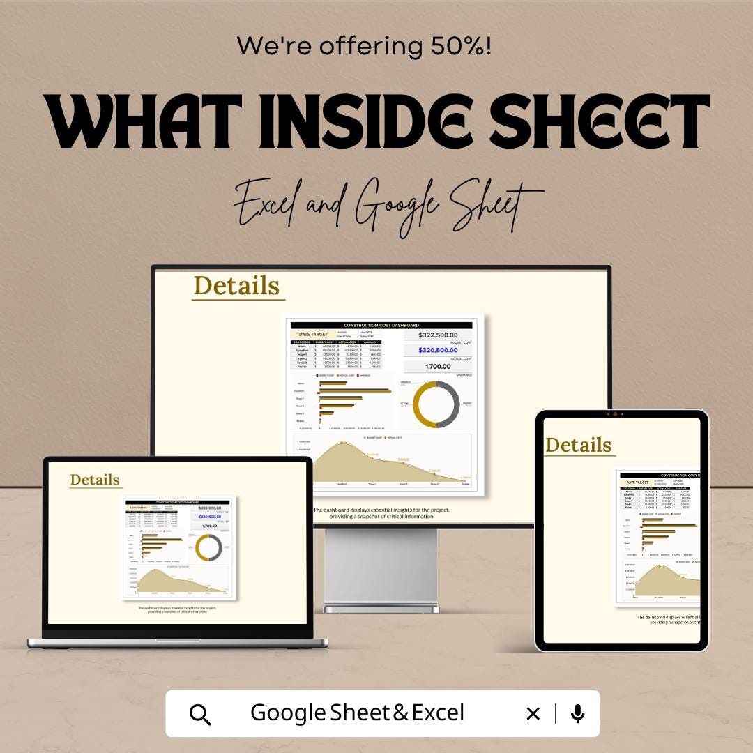 Construction Cost Template | Construction Budget Tracker Excel | Google Sheets Cost Dashboard | Project Cost Estimator Spreadsheet