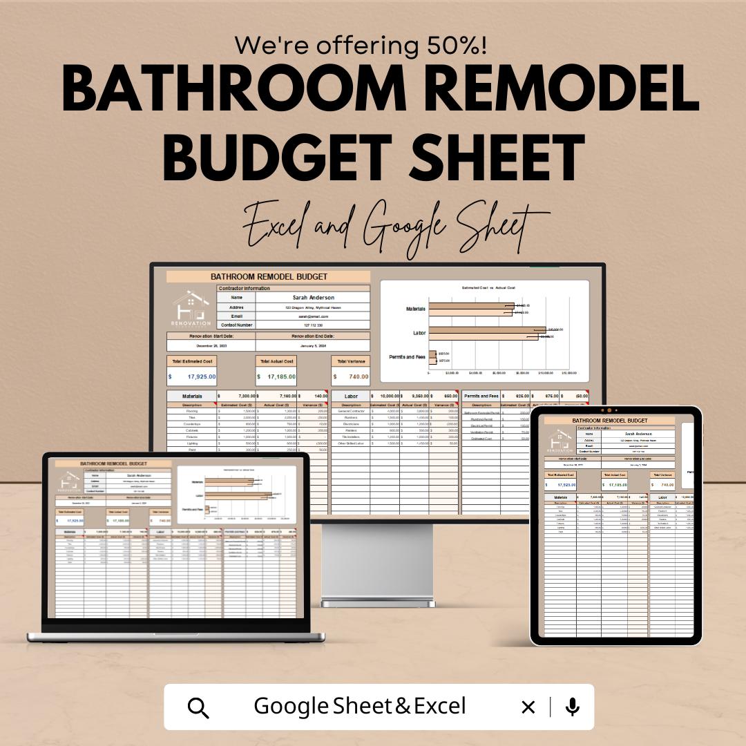 Bathroom Remodel Budget Sheet | Excel & Google Sheets Template | Renovation Budget Tracker | Home Improvement Budget Tool