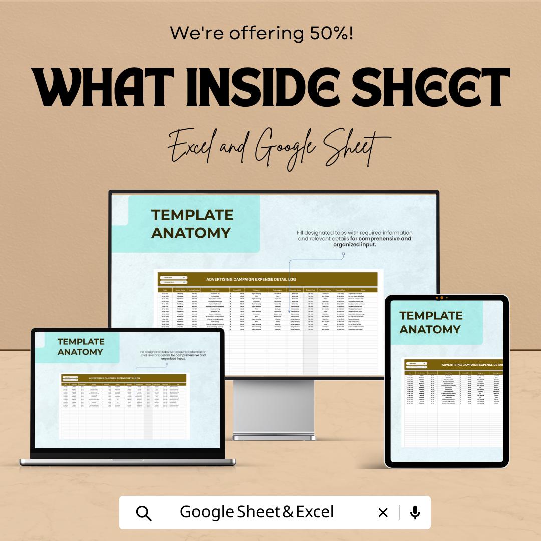 Advertising Campaign Expense Detail Log Template, Marketing Expense Tracker Excel, Ad Budget Spreadsheet,  Campaign Cost Tracker