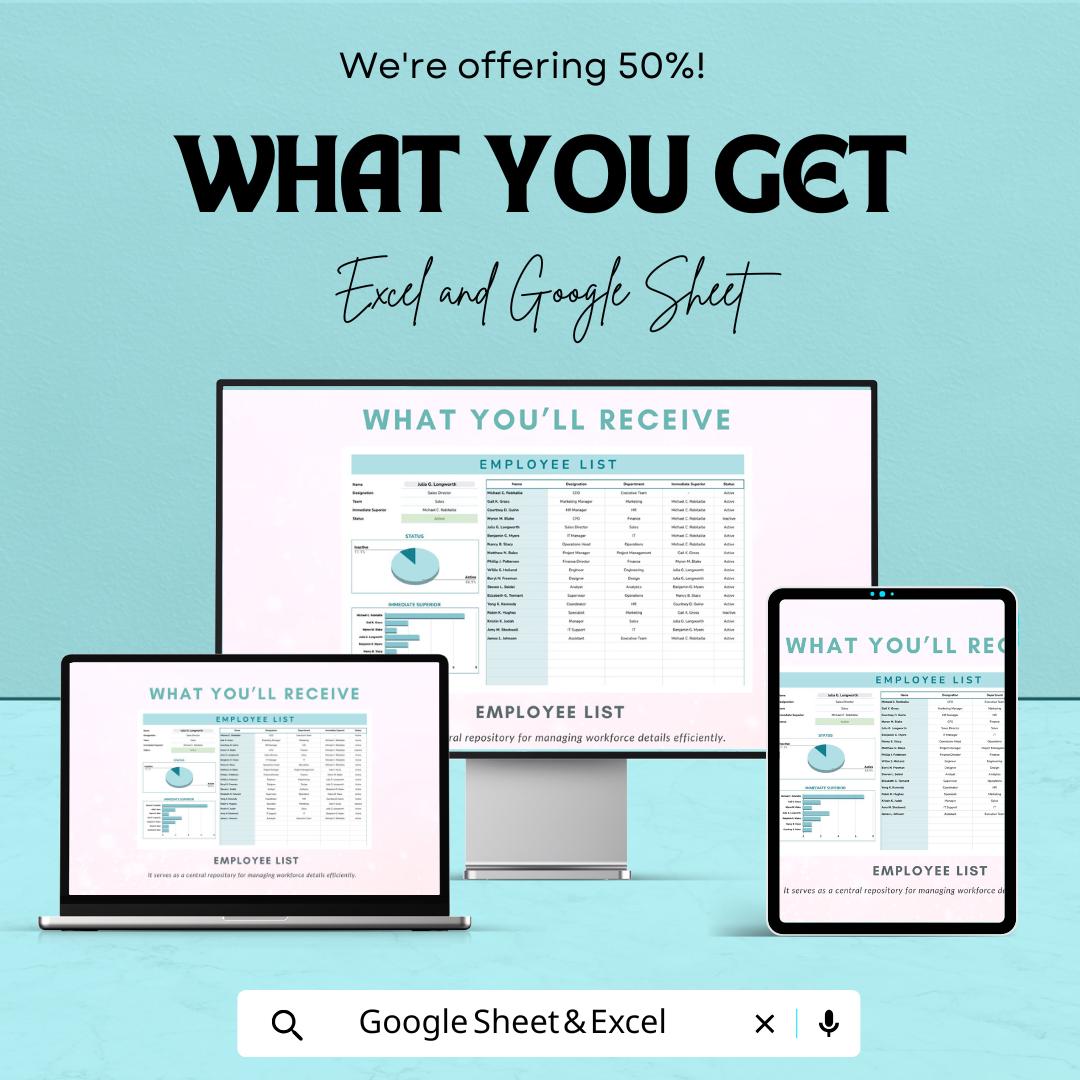 Employee List Template - Excel & Google Sheet, Employee Directory, Workforce Tracker, Customizable HR Tool