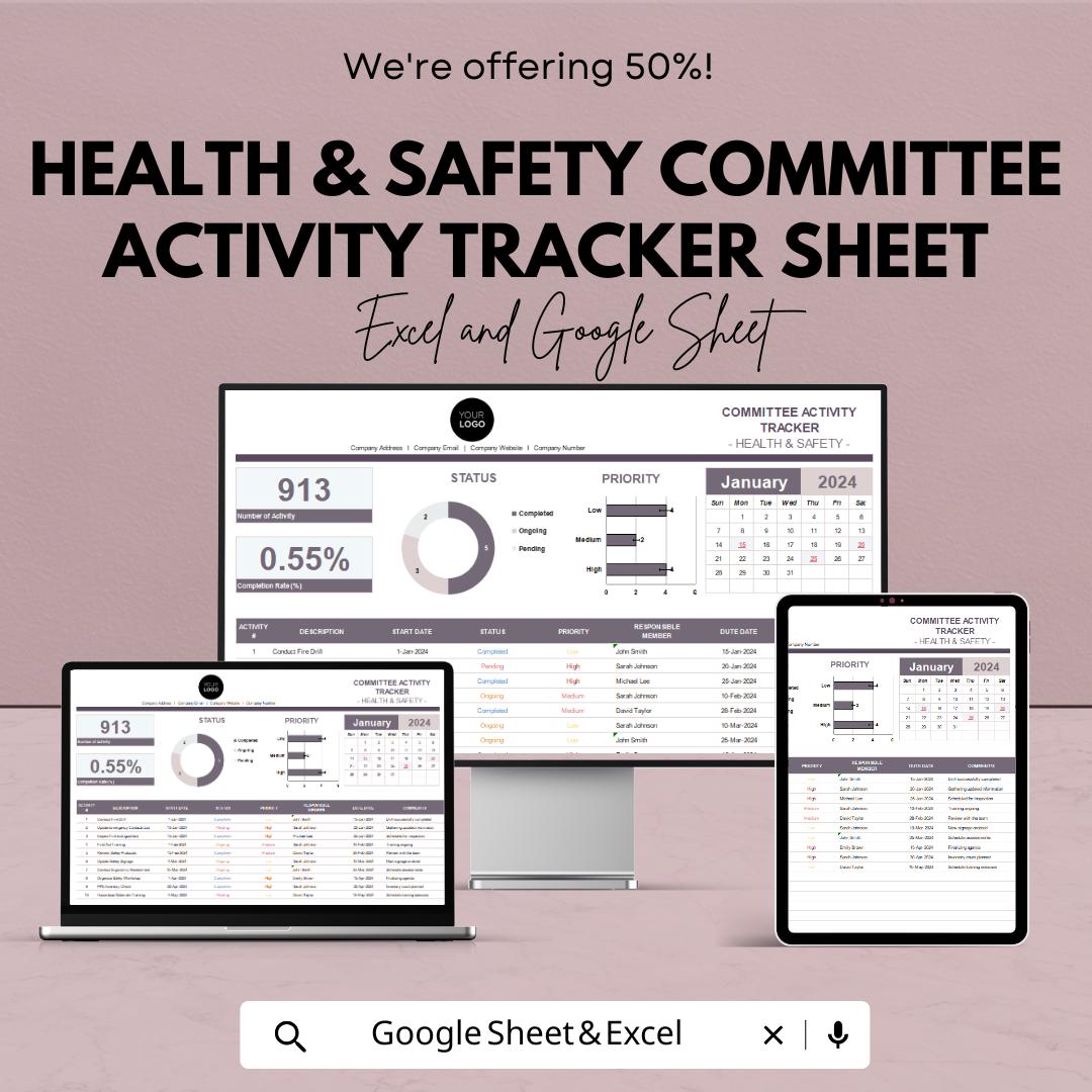 Health & Safety Committee Activity Tracker Sheet | Excel and Google Sheets Template | Task Management | Compliance Tracker | Incident Log |
