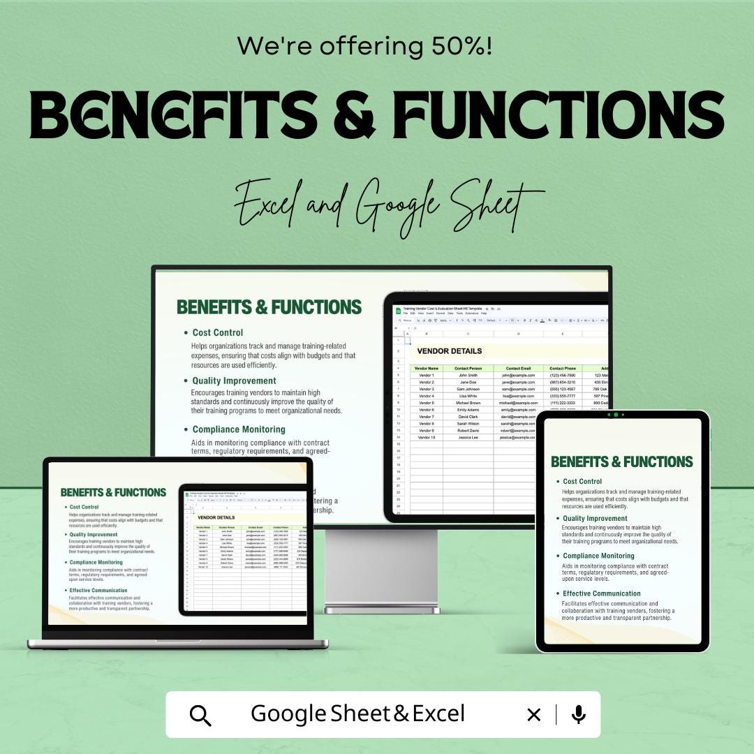 Training Vendor Cost & Evaluation Sheet HR Template | Excel and Google Sheets | Training Budget and Vendor Review Tracker