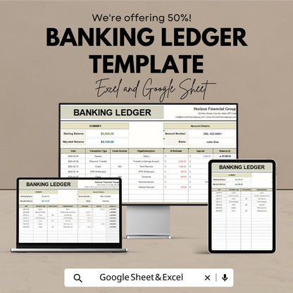 Banking Ledger Template | Bank Transaction Tracker | Account Register Spreadsheet | Personal and Business Finance Ledger