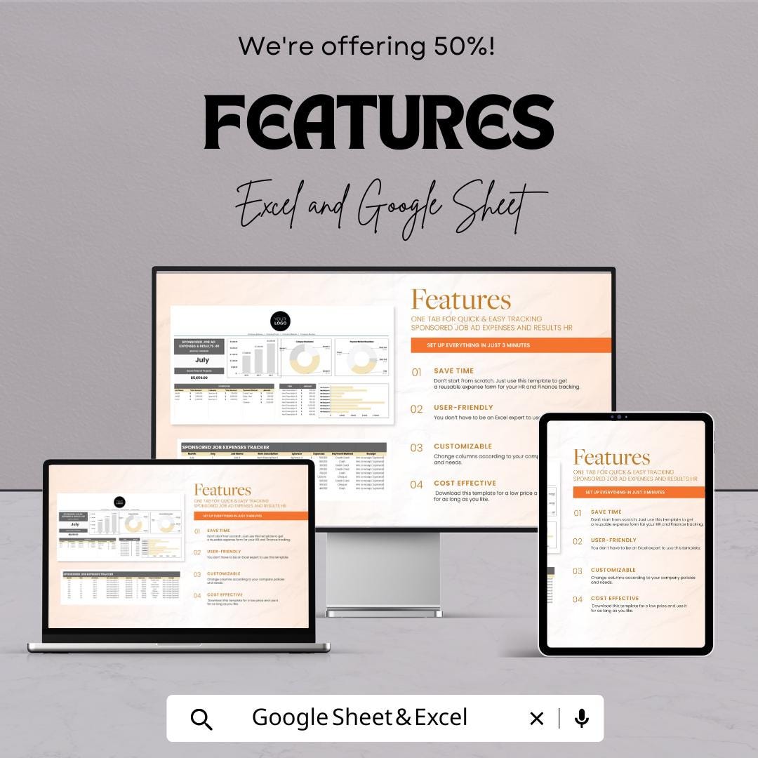 Sponsored Job Ad Expenses and Results HR Template | Excel & Google Sheets | Recruitment Cost Tracker | Hiring Performance Report