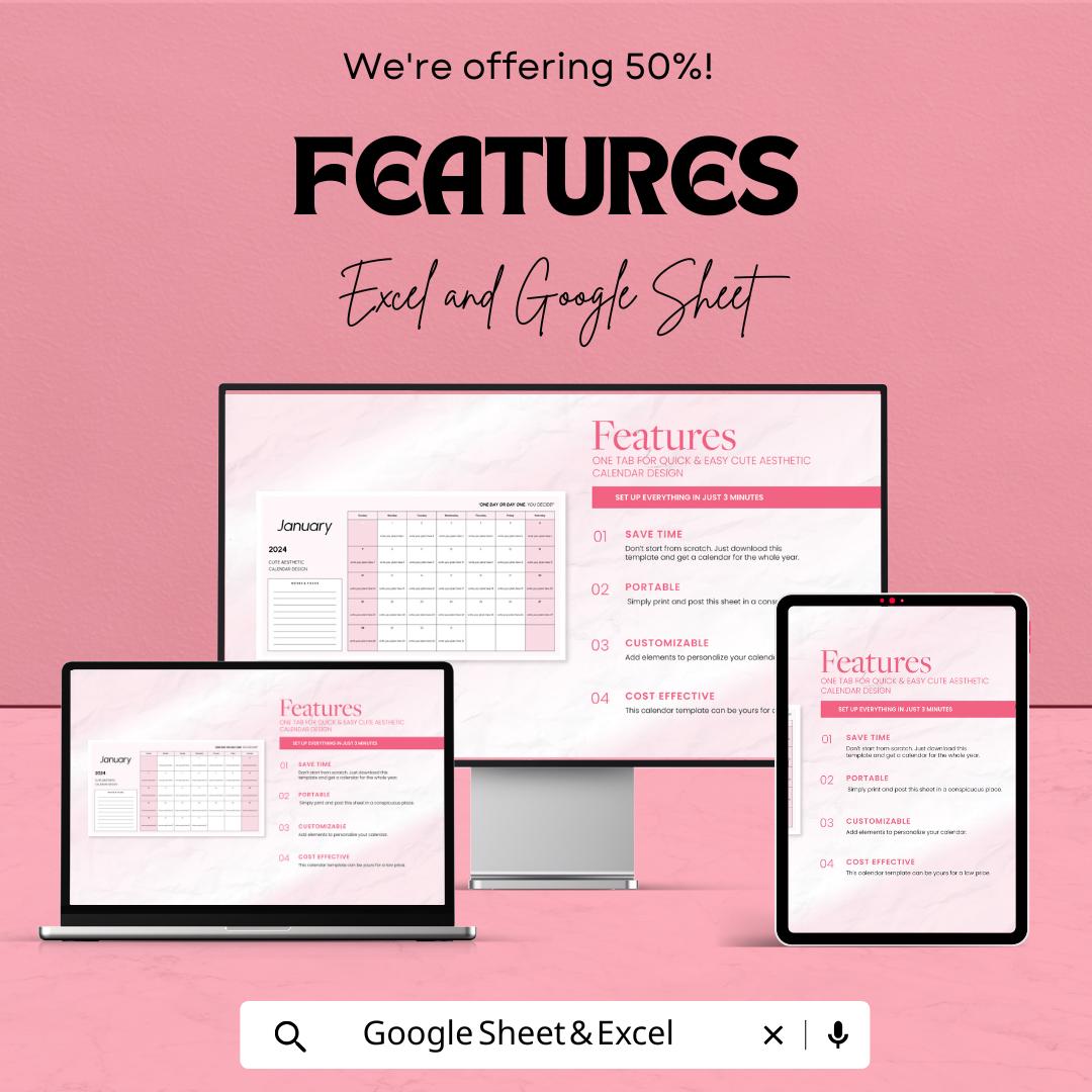 Cute Aesthetic Calendar Design Template | Minimalist Monthly Planner | Editable Digital Calendar | Printable Pink Planner Template