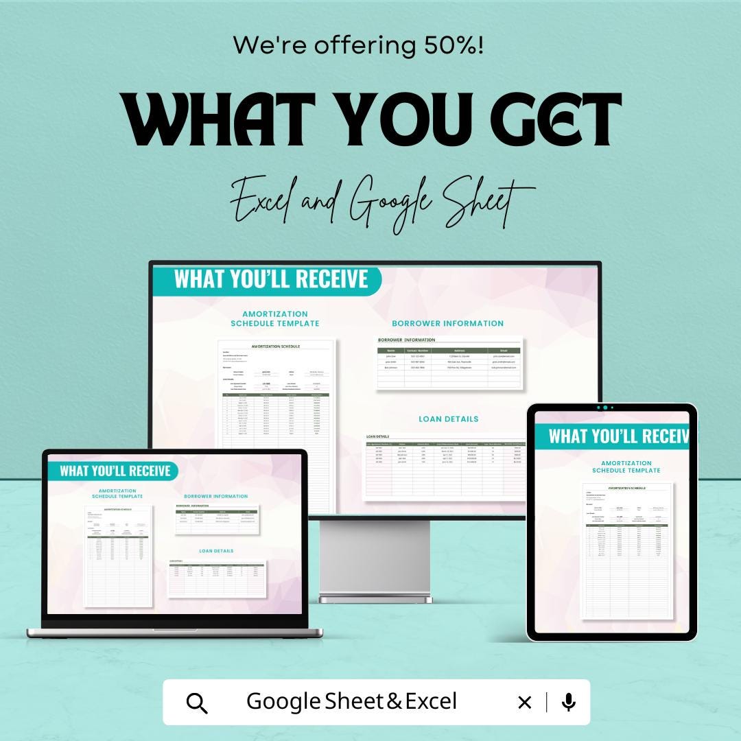 Amortization Schedule Sheet | Loan Repayment Tracker | Excel & Google Sheets | Financial Planning Template | 50% Off