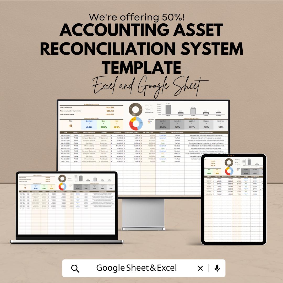 Accounting Asset Reconciliation System Template | Automated Asset Tracker | Accounting Spreadsheet | Business Finance Template
