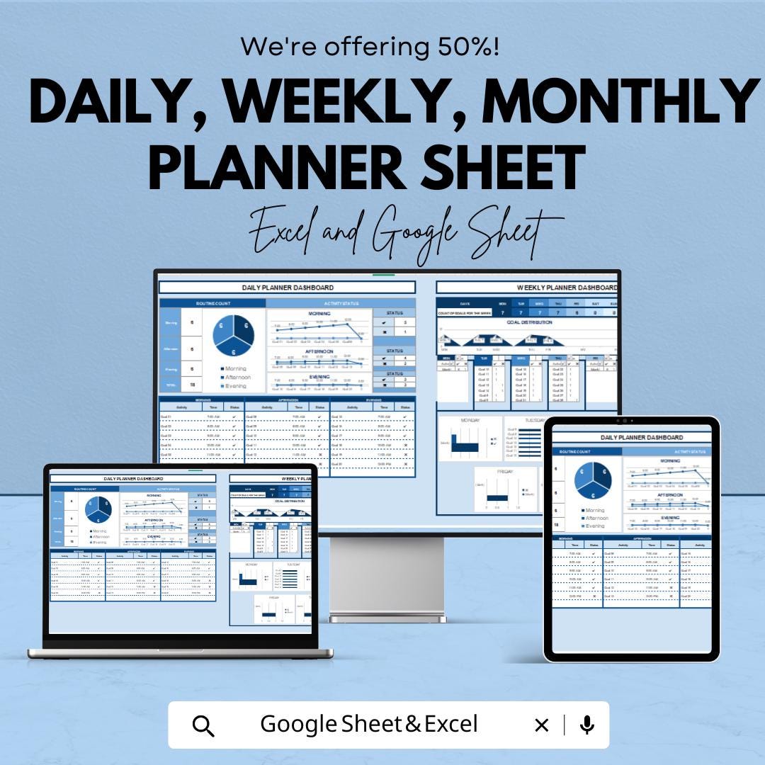 Daily, Weekly, Monthly Planner Sheet | Excel and Google Sheets Template | Task Management, Goal Setting & Scheduling Tool
