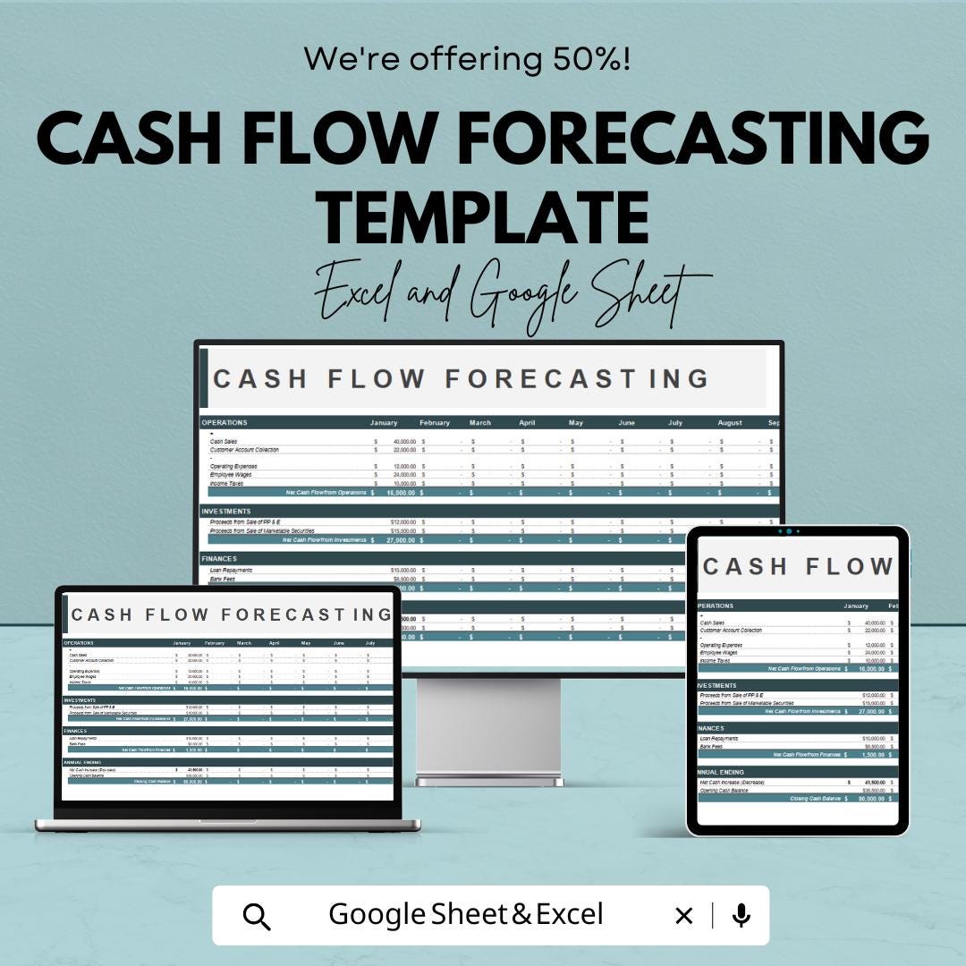 Cash Flow Forecasting Template | Cash Flow Planner | Financial Projection sheet | Business Budget Template | Cash Inflow Outflow Tracker