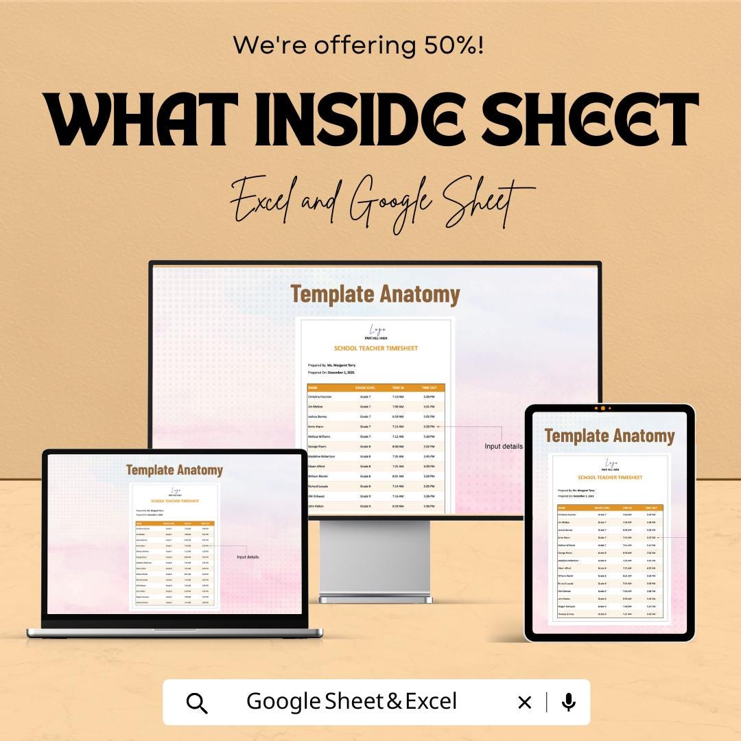 School Teacher Timesheet Template - Excel & Google Sheets - Teacher Work Hours Tracker - Daily Attendance Sheet - Customizable Time Log