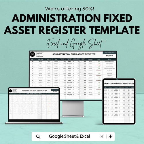 Administration Fixed Asset Register Template | Asset Tracking Spreadsheet | Depreciation Tracker | Business Asset Log