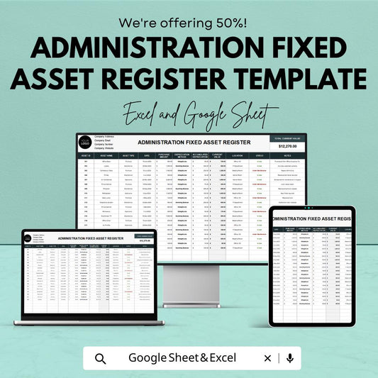Administration Fixed Asset Register Template | Asset Tracking Spreadsheet | Depreciation Tracker | Business Asset Log