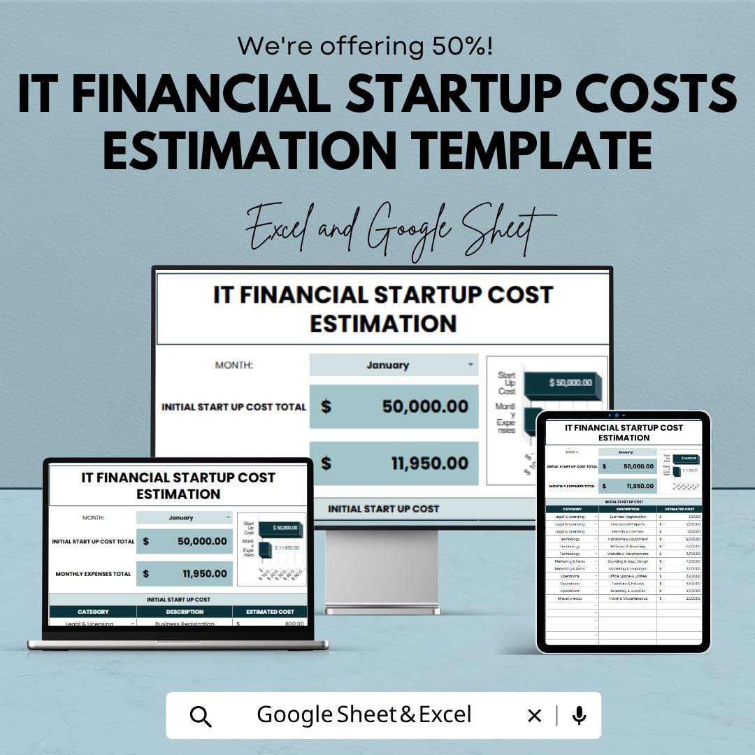 IT Financial Startup Costs Estimation Template | Startup Budget Spreadsheet | IT Business Cost Planner | Excel & Google Sheets |