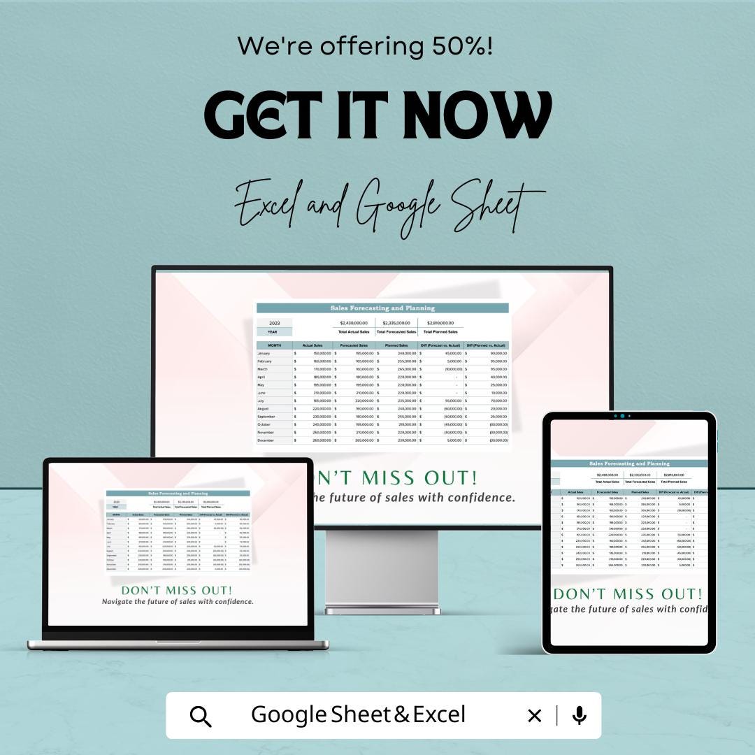 Sales Forecasting and Planning Template | Sales Projection Spreadsheet | Business Revenue Tracker | Excel & Google Sheet Template