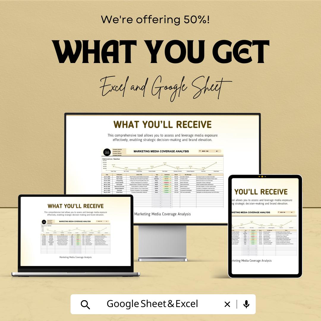Marketing Media Coverage Analysis Template | PR Media Tracking Spreadsheet | Excel and Google Sheets | Brand Coverage & Sentiment Tracker