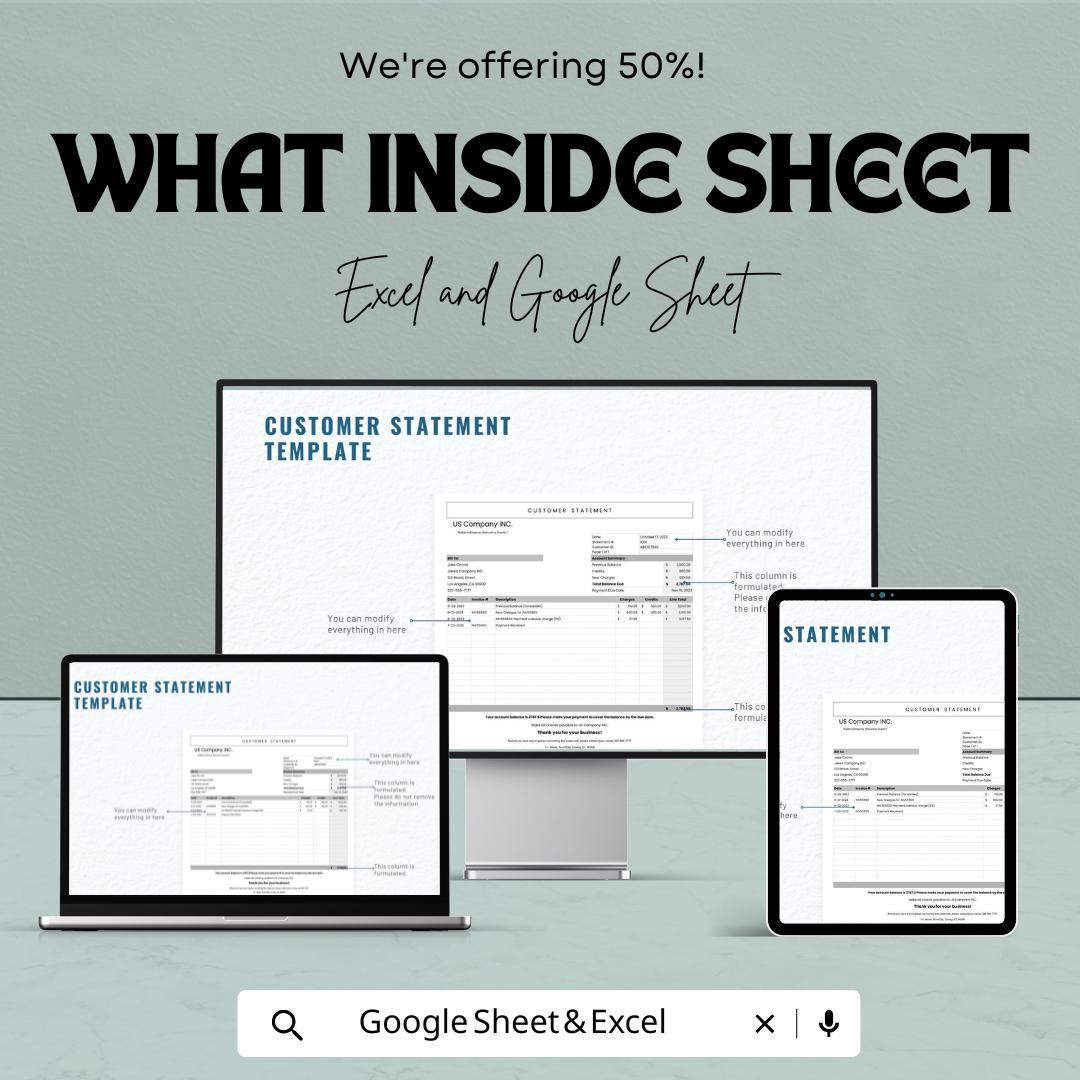 Customer Statement Sheet | Google Sheets  | Financial Statement | Billing Statement | Payment Tracking | Customizable Invoice Template