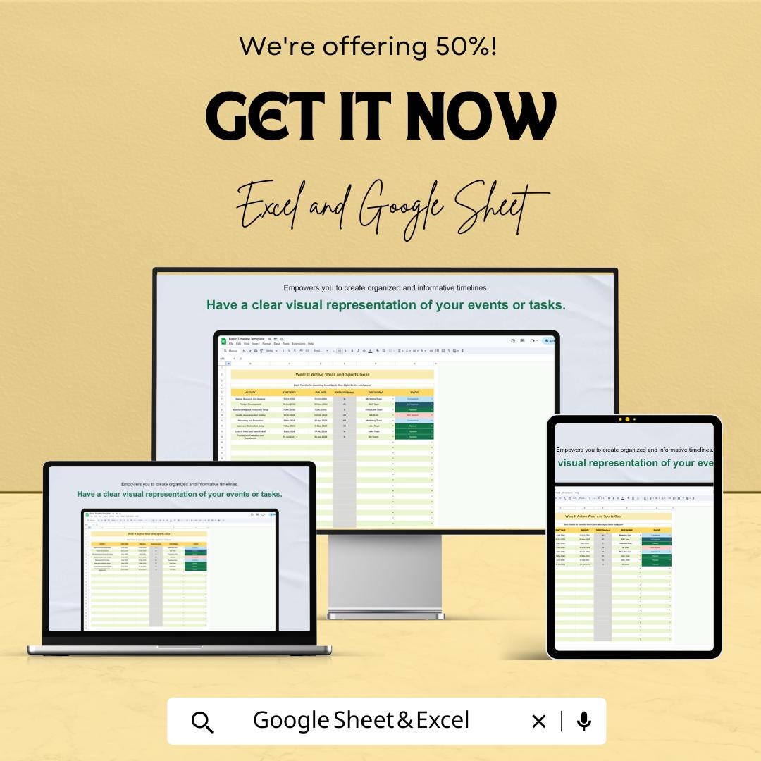 Basic Timeline Sheet | Excel and Google Sheets | Project Planner Template | Track Tasks & Deadlines | Customizable Timeline |