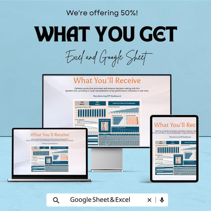 Manufacturing KPI Dashboard Excel and Google Sheet | Production Efficiency, Downtime Tracking, & Customer Complaints | Customizable Template