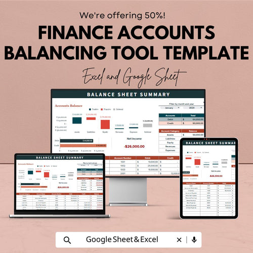 Finance Accounts Balancing Tool Template |  Balance Sheet Summary Template | Accounting Tracker | Financial Management Spreadsheet