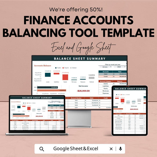 Finance Accounts Balancing Tool Template |  Balance Sheet Summary Template | Accounting Tracker | Financial Management Spreadsheet
