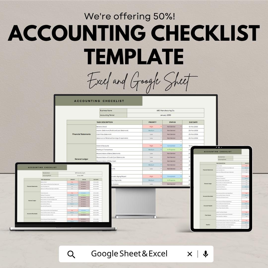 Accounting Checklist Template | Financial Tasks Tracker | Monthly Accounting Checklist | Business Finance Template
