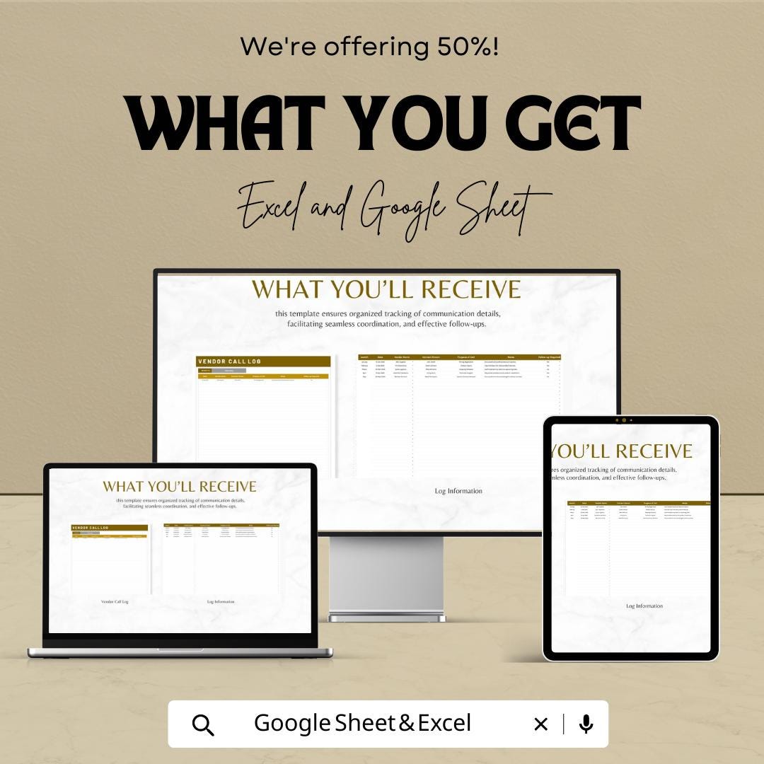 Vendor Call Log Template | Vendor Communication Tracker |  Call Log | Vendor Management Spreadsheet | Business Call Tracking Sheet