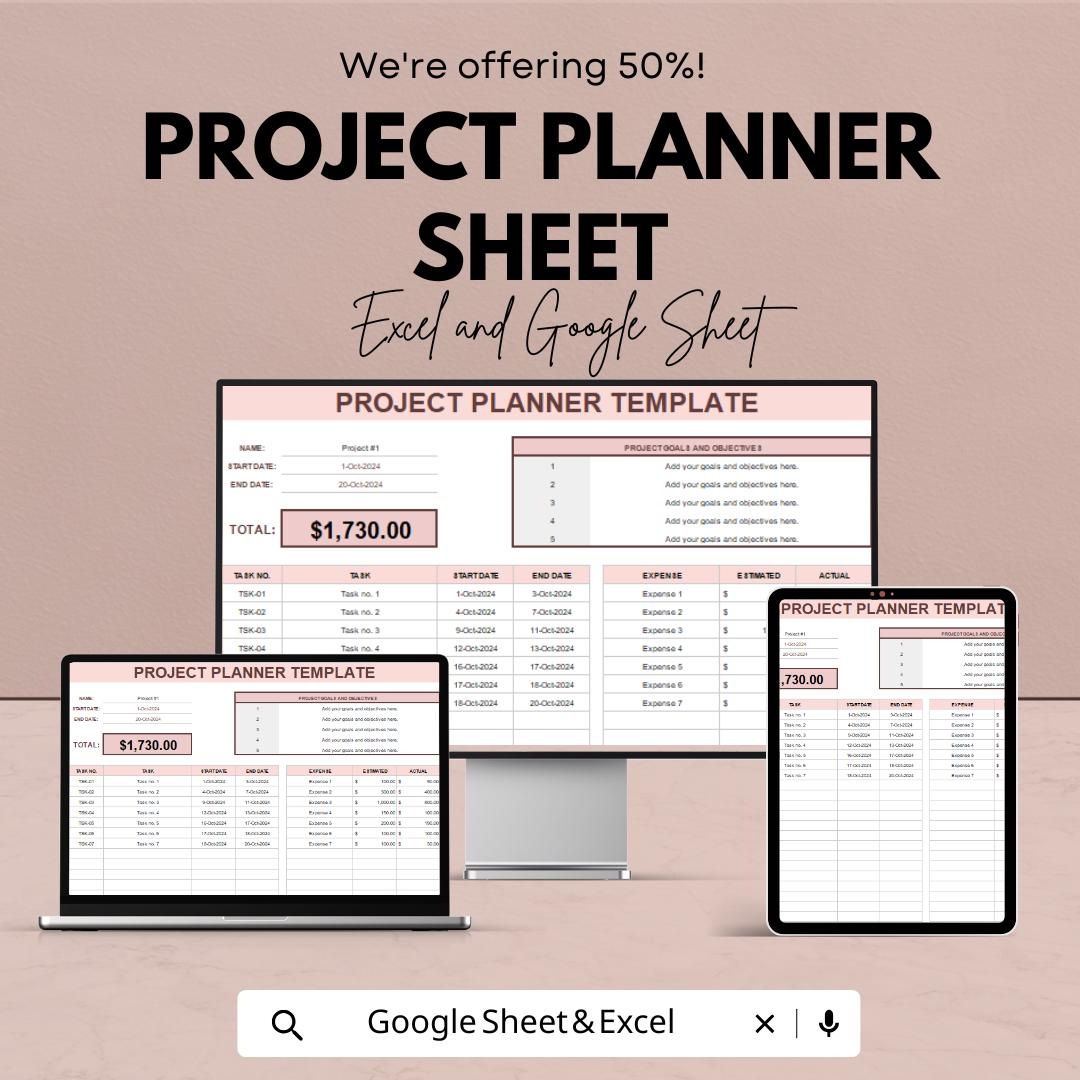 Project Planner Sheet 2025 | Excel and Google Sheet Template | Task Scheduling & Budget Planner | Project Management Tool