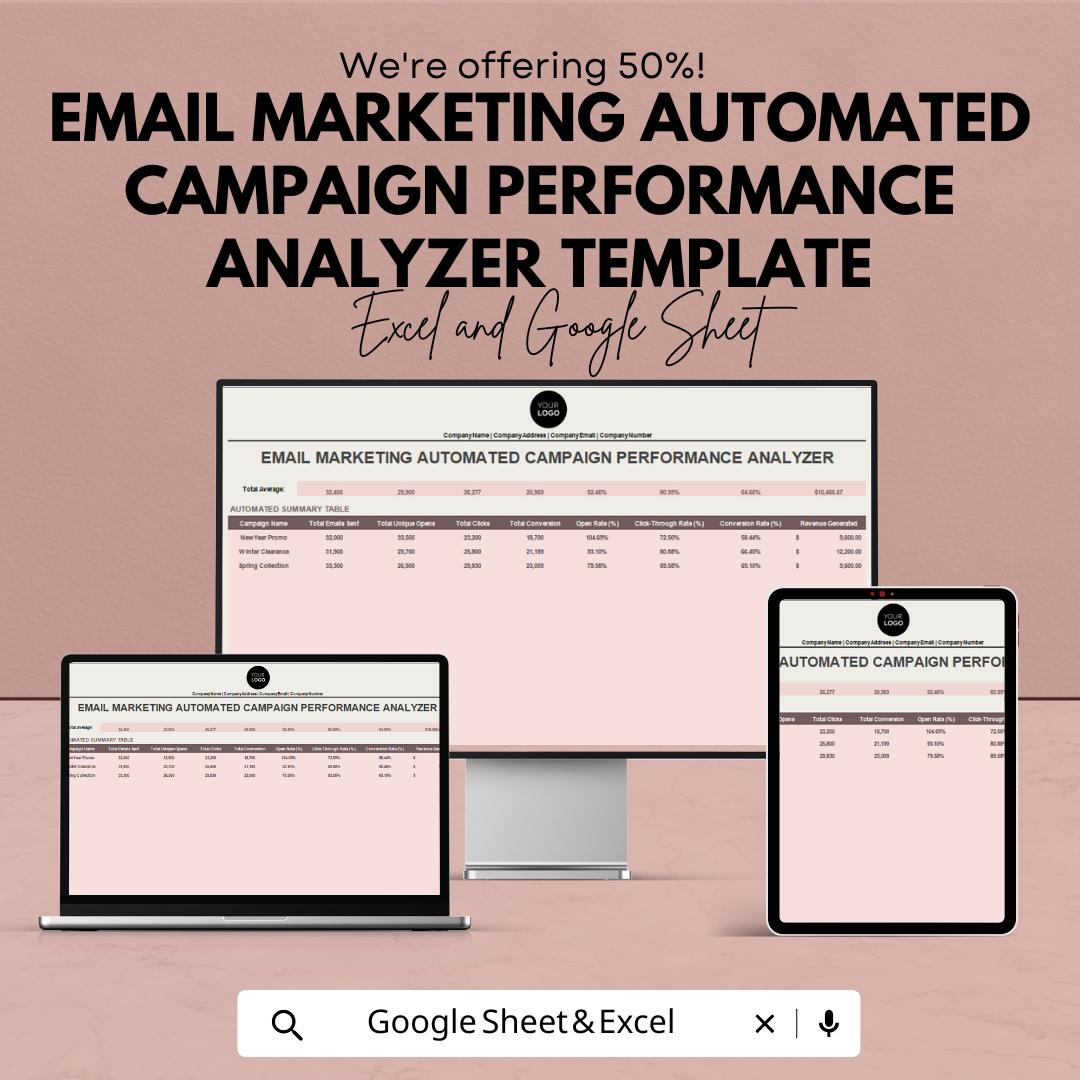Email Marketing Campaign Performance Analyzer Template | Automated Email Analytics Dashboard | Excel & Google Sheets | Marketing KPI Tracker