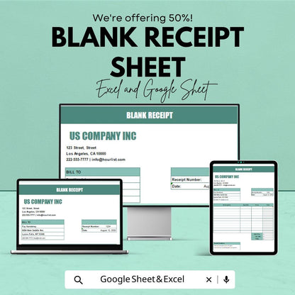 Blank Receipt Sheet for Excel & Google Sheets – Customizable Template | Digital Download – 50% OFF