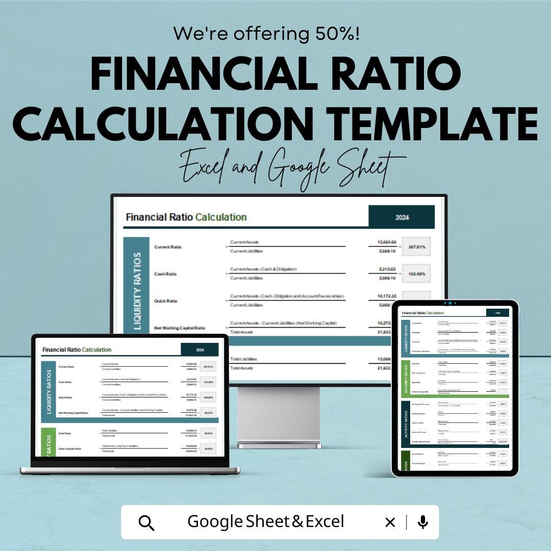 Financial Ratio Calculation Template | Liquidity, Profitability, Solvency & Activity Ratio Calculator | Finance Spreadsheet