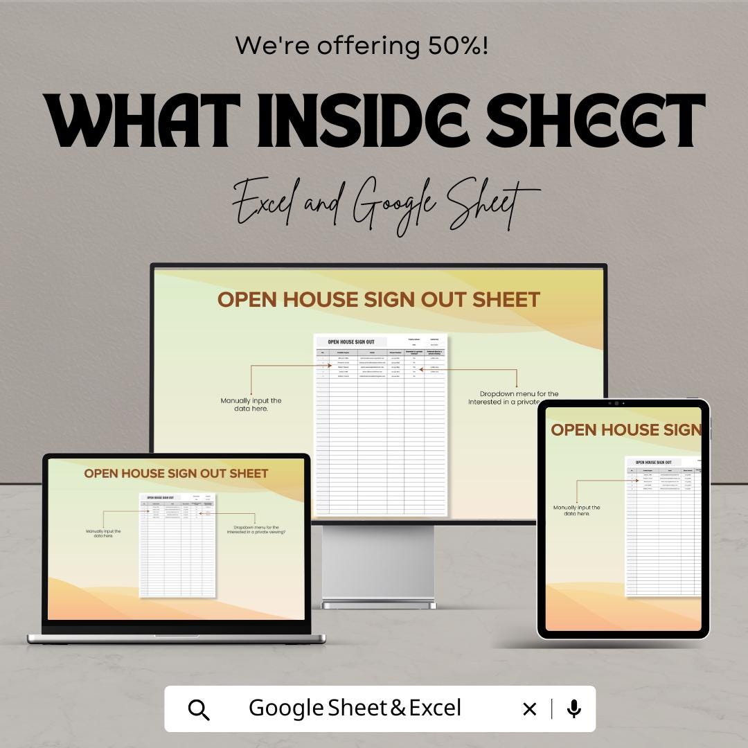 Open House Sign Out Sheet | Real Estate Sign-In Template | Excel & Google Sheets | Property Viewing Sign-In Sheet | Editable Open House Log