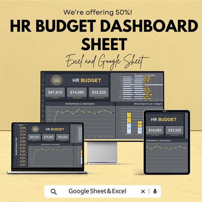 HR Budget Dashboard Sheet | Excel and Google Sheet | Monthly & Annual HR Budget Tracker | Employee Expense and Income Analysis