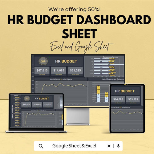 HR Budget Dashboard Sheet | Excel and Google Sheet | Monthly & Annual HR Budget Tracker | Employee Expense and Income Analysis