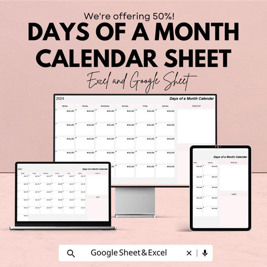 Days of the Month Calendar Template | 2024 Excel and Google Sheets | Monthly Planner & Organizer | Customizable Calendar Template