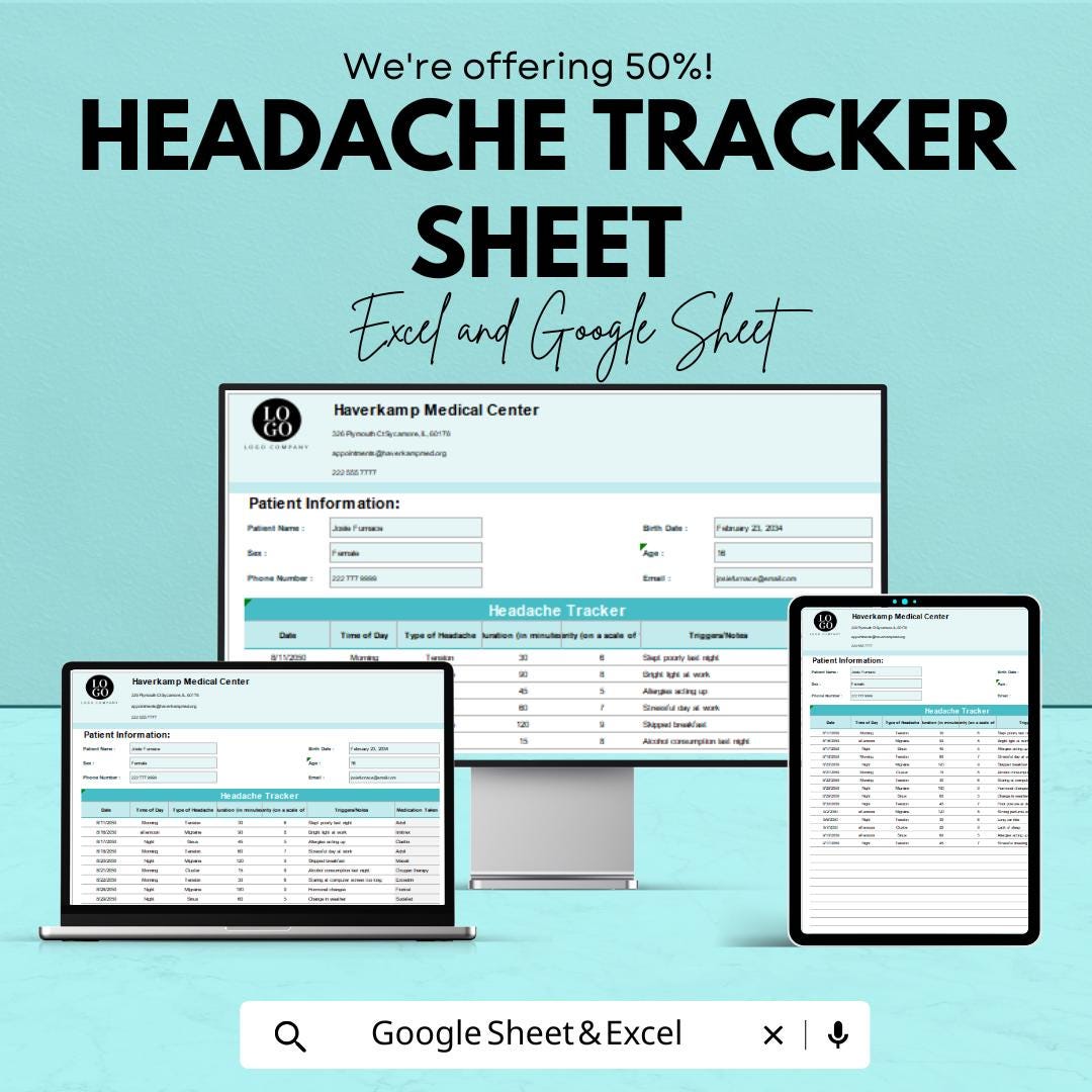 Headache Tracker Template - Excel & Google Sheets, Track Symptoms, Triggers, and Treatment, Instant Download, Personal Health Journal