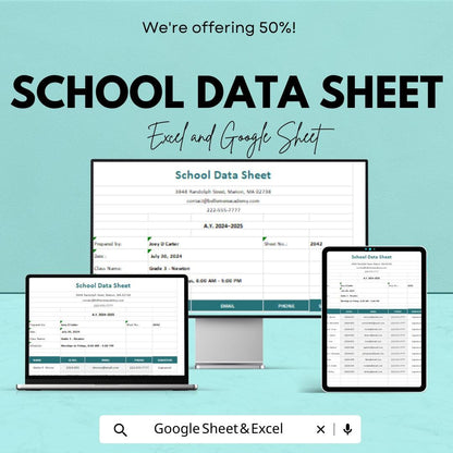 School Data Sheet Template | Student Tracker | Editable Excel and Google Sheets | Class Roster & Attendance Log | Printable School Planner