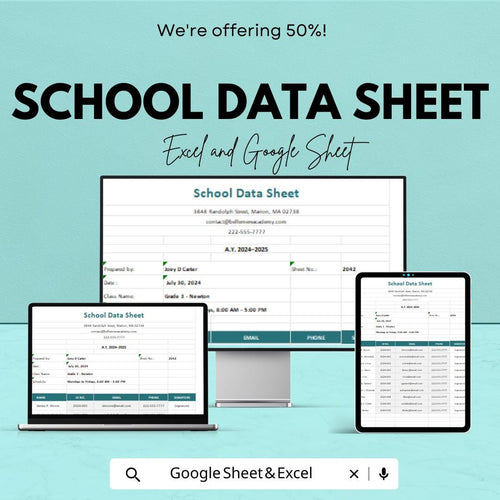 School Data Sheet Template | Student Tracker | Editable Excel and Google Sheets | Class Roster & Attendance Log | Printable School Planner