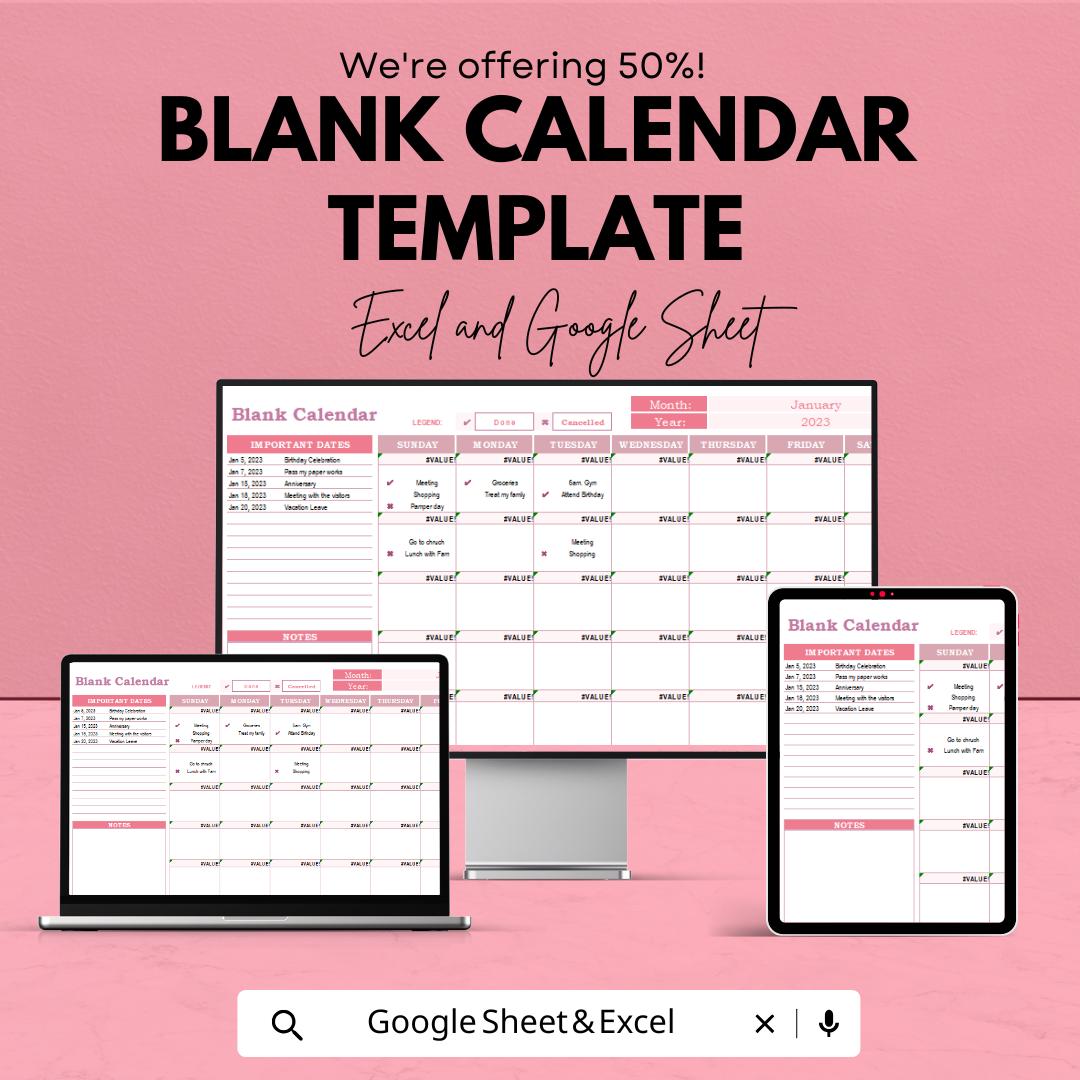 Blank Calendar Template |  Editable Monthly Calendar | Printable Undated Planner | Customizable Schedule Organizer