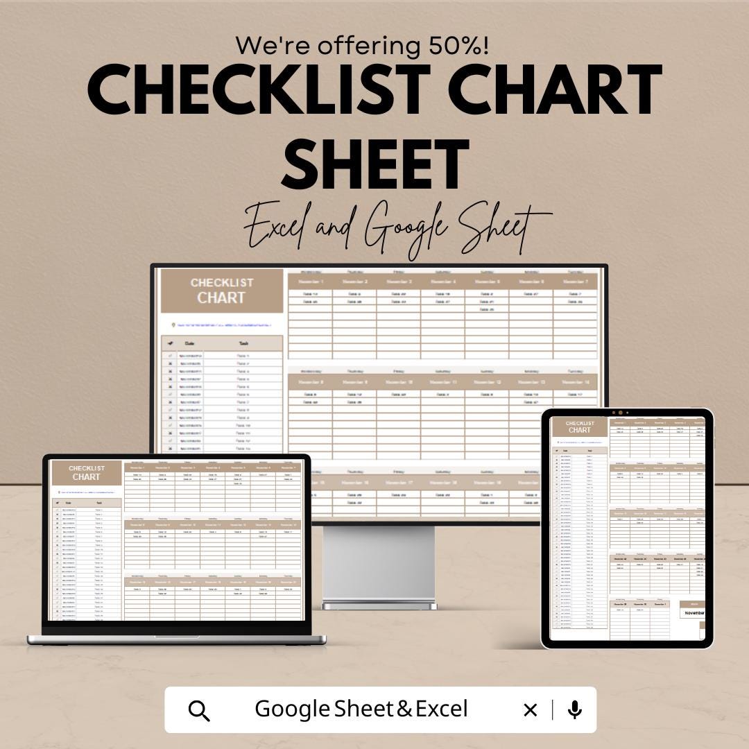 Checklist Chart Sheet - Excel and Google Sheets | Daily Task Management, Goal Tracking & Productivity Planner