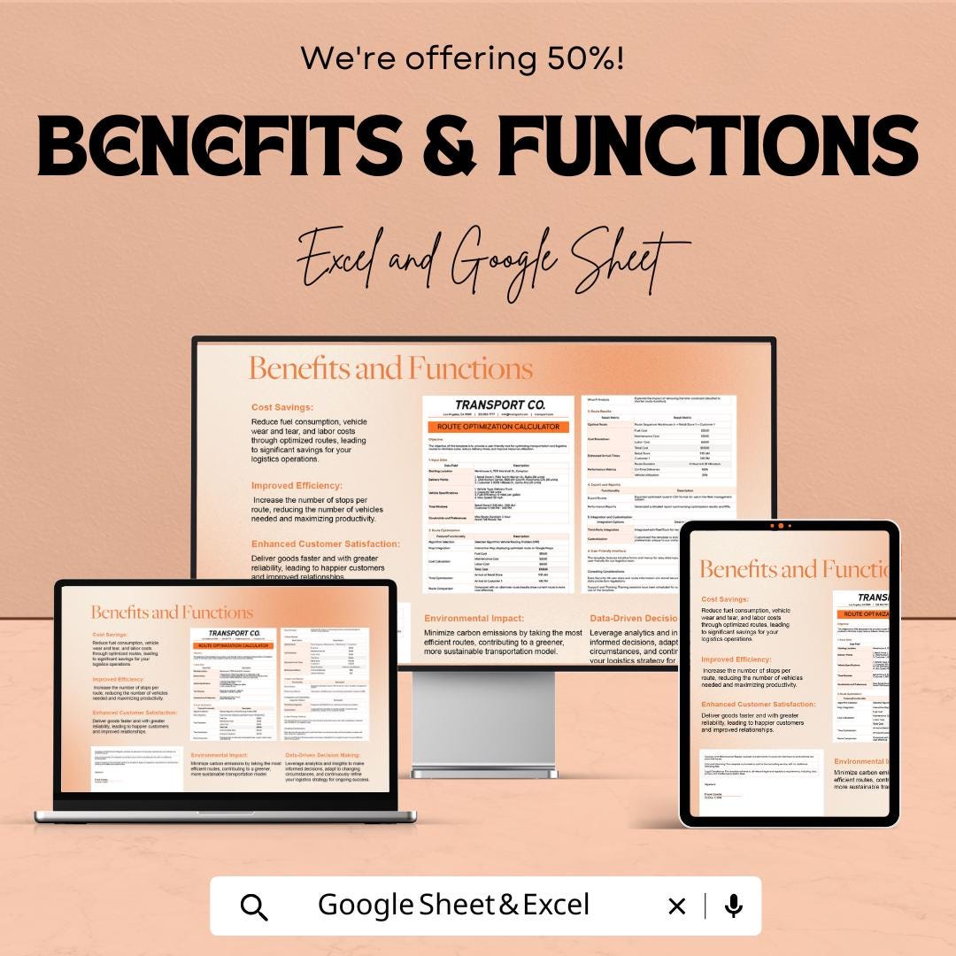 Transport and Logistics Route Optimization Calculator Template | Delivery Route Planner | Fleet Management Spreadsheet | Cost Analysis Tool