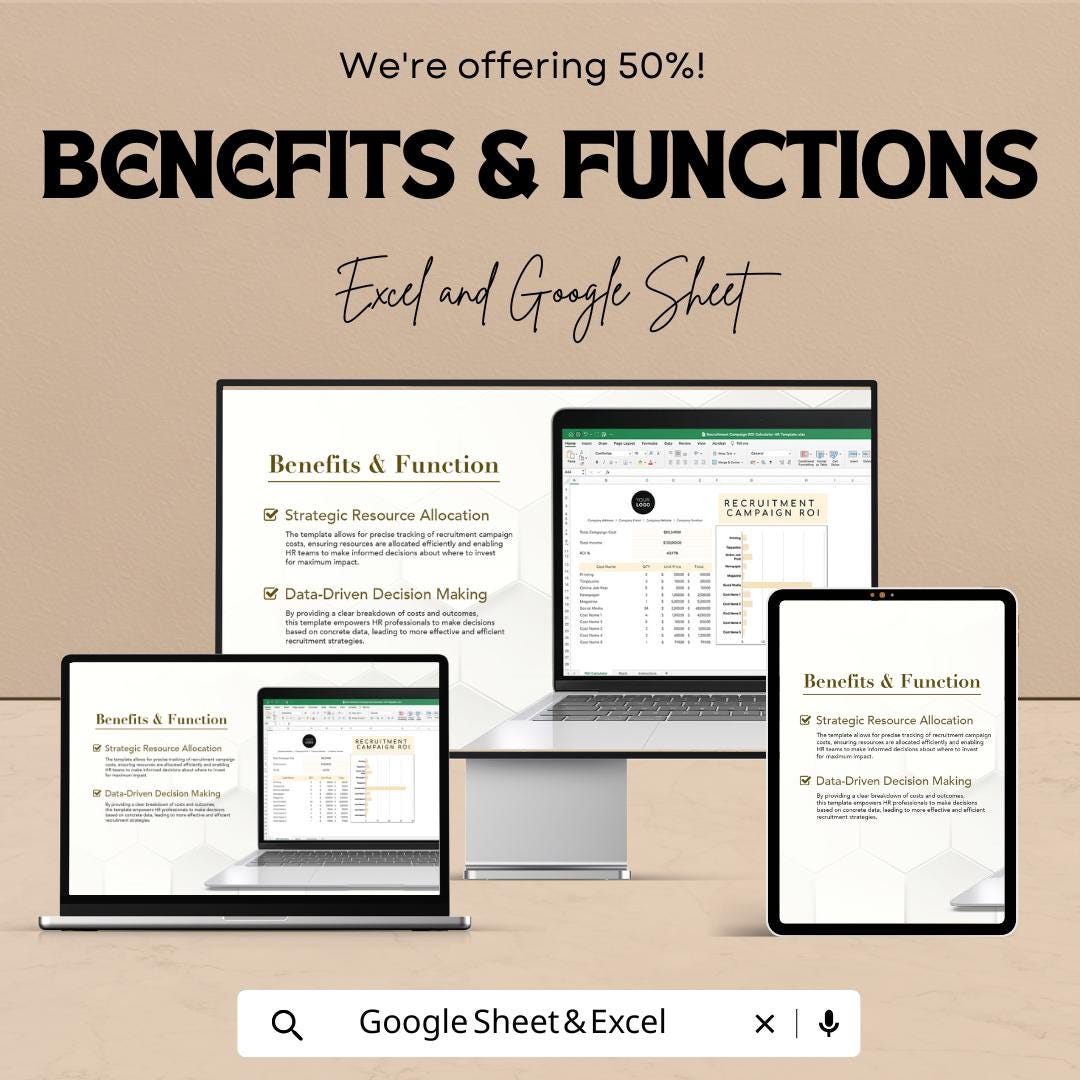 Recruitment Campaign ROI Calculator, HR Hiring Cost Template, Recruitment Budget Tracker, Hiring ROI Spreadsheet, Excel Google Sheets