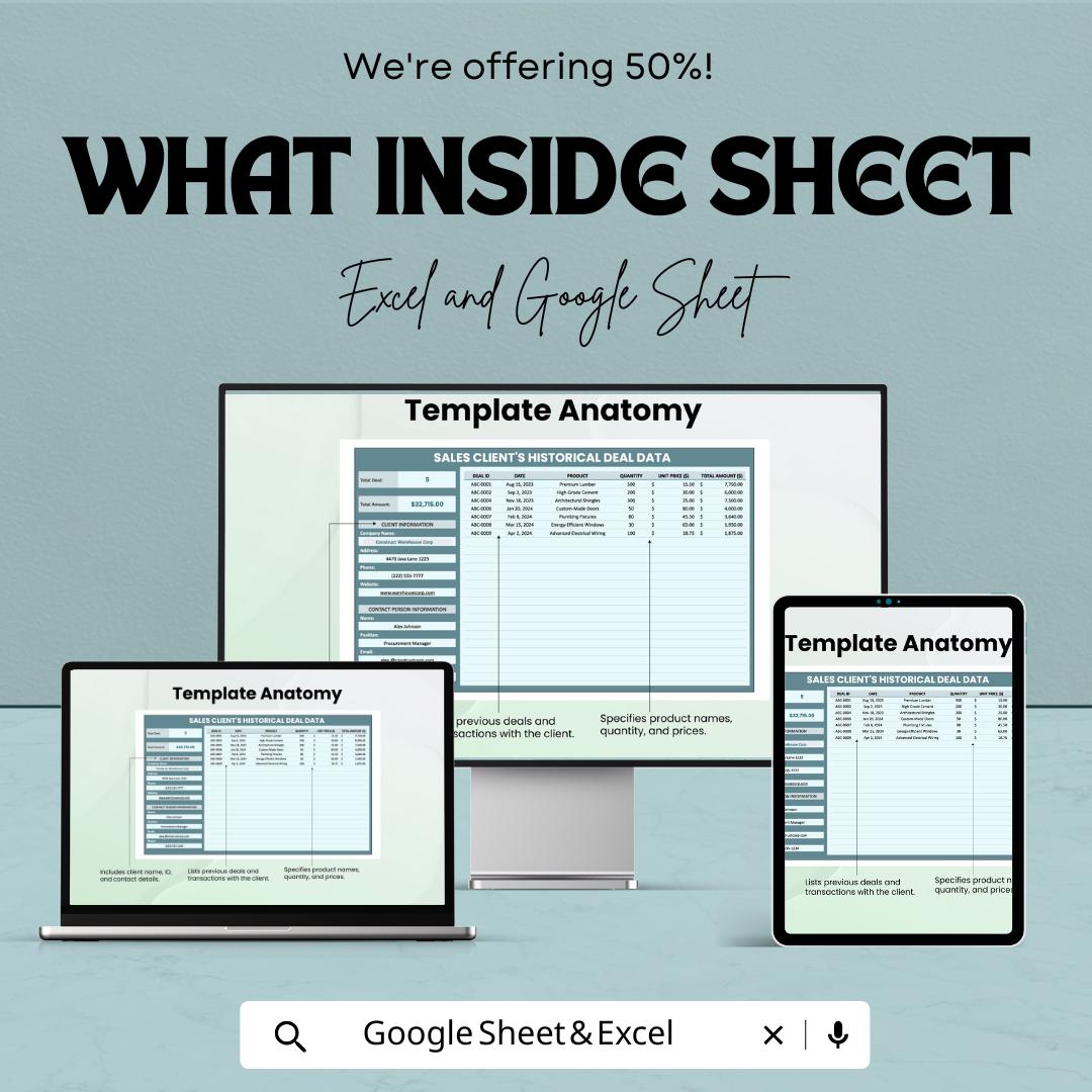 Sales Client’s Historical Deal Data Template | Excel & Google Sheets | Sales Tracker | Client Record Spreadsheet | Business CRM Sheet