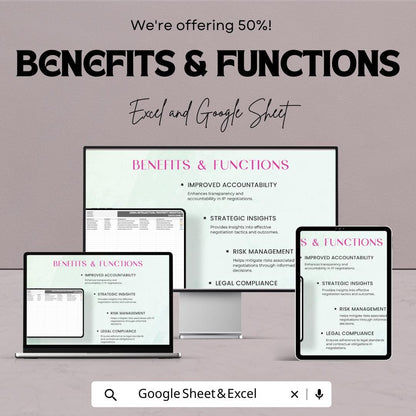 Legal Intellectual Property Negotiation Outcome Log Sheet | Track IP Negotiations and Strategic Insights | Excel & Google Sheet Template