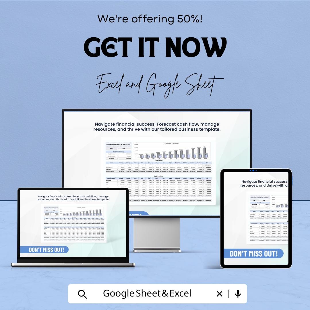 Business Cashflow Forecast Sheet - Excel and Google Sheet Template for Budgeting, Expense & Income Planning - Small Business Finance Tool