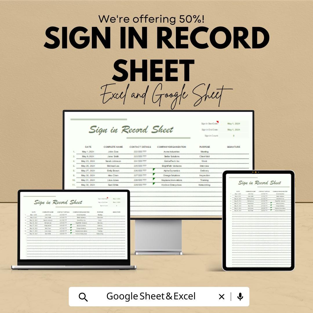 Sign In Record Sheet | Visitor Log Template | Excel & Google Sheets | Attendance Register | Editable Digital Sign-In Sheet | Printable Log