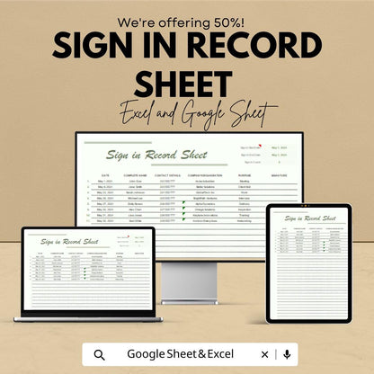 Sign In Record Sheet | Visitor Log Template | Excel & Google Sheets | Attendance Register | Editable Digital Sign-In Sheet | Printable Log