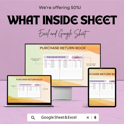 Purchase Return Book Template | Purchase Return Register | Business Accounting Log | Inventory Return Tracker